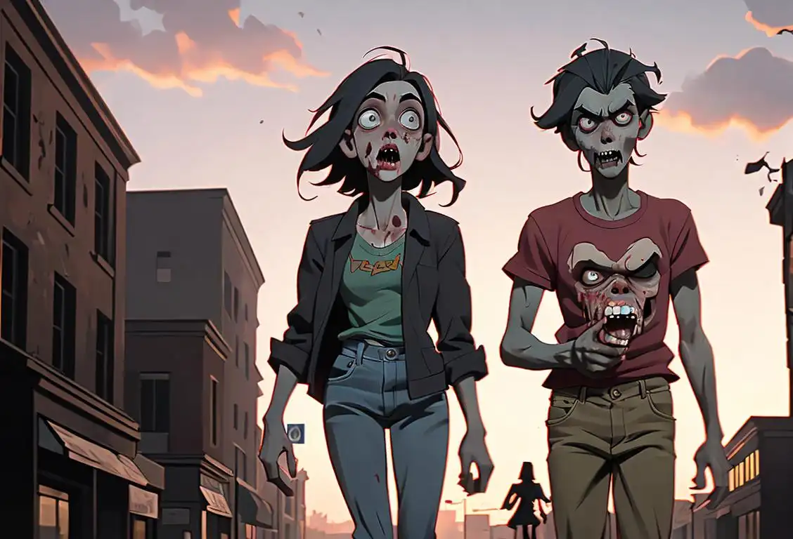 Young adults in zombie costumes, with disheveled hair, walking eerily on a deserted street at dusk..