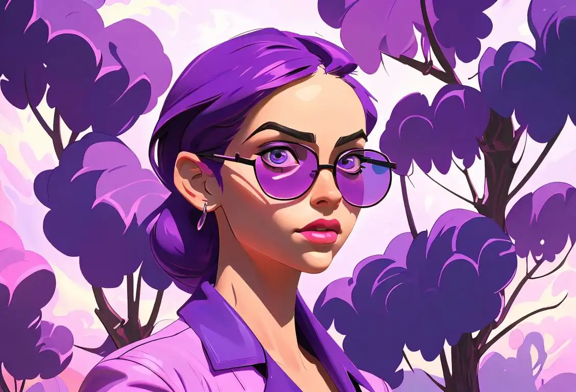Young woman surrounded by a purple haze, wearing trendy sunglasses, groovy outfit, surrounded by psychedelic scenery..