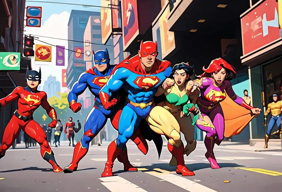 A group of diverse superheroes in colorful costumes, rescuing people from various dangerous situations, in a bustling city setting..