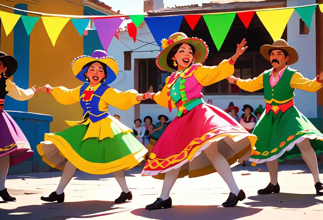 A cheerful group of people wearing colorful sombreros, dancing to the lively rhythm of mariachi music in a festive Mexican street scene..