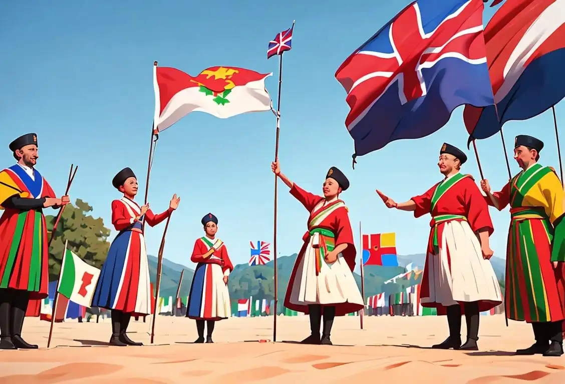 A group of diverse individuals, wearing traditional garments, happily waving the national flag in a festive, outdoor setting..