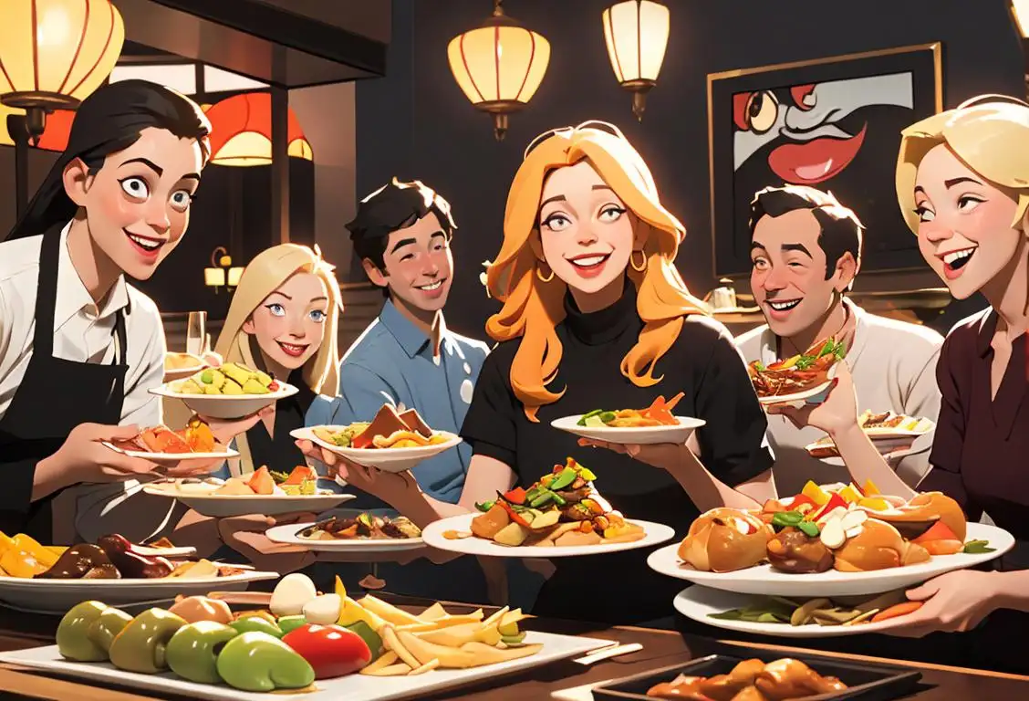 A group of smiling friends, wearing casual attire, enjoying a diverse array of delicious food at a buffet restaurant, creating a lively and fun atmosphere..