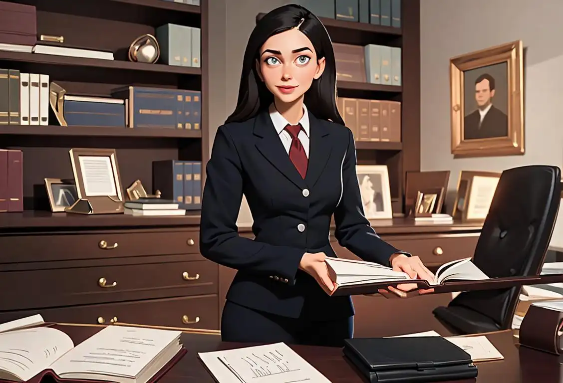 A friendly paralegal in a professional attire, holding a legal briefcase, office setting, with a shelf of law books in the background..