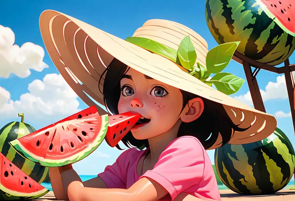 A joyful child biting into a watermelon slice, wearing a broad-brimmed hat, summer outfit, picnicking in a sunny park..