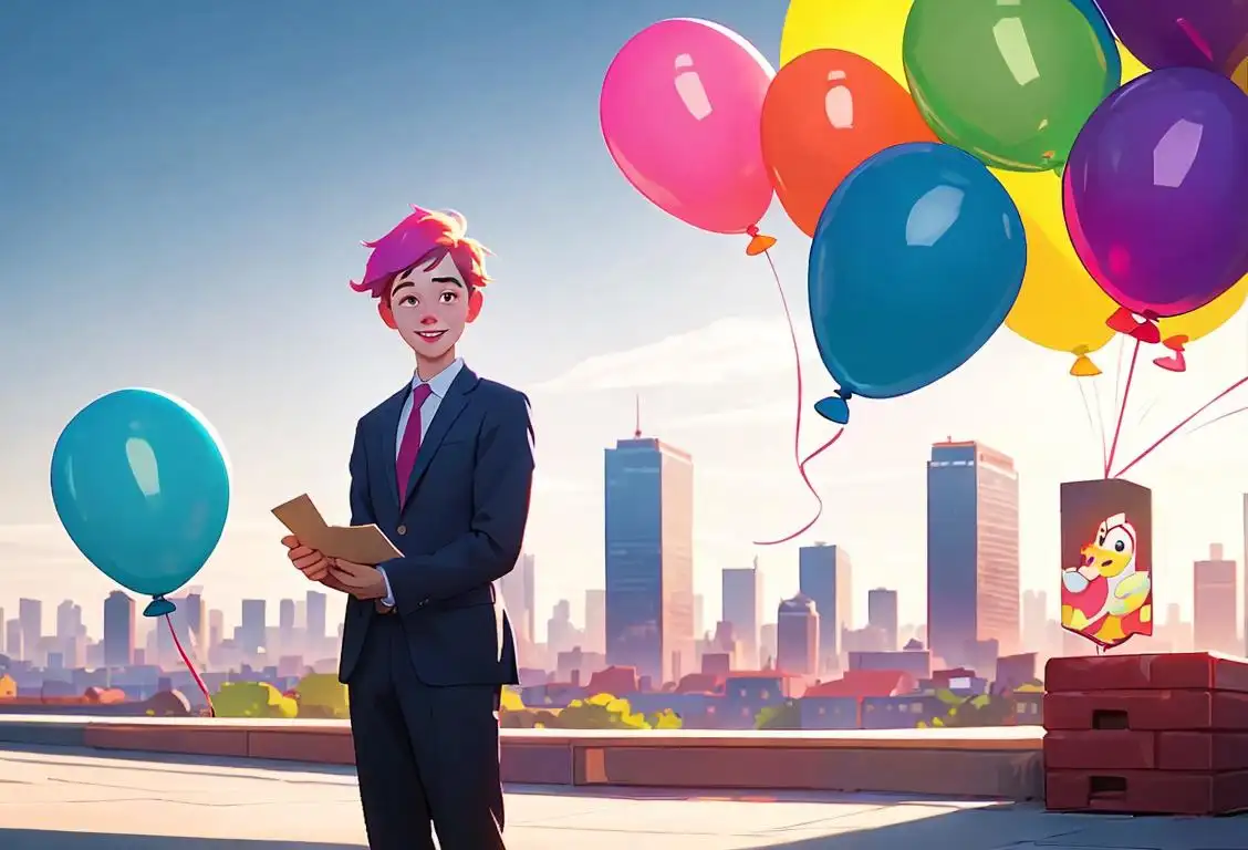 Happy young adult surrounded by colorful balloons, wearing professional attire, in front of a city skyline.