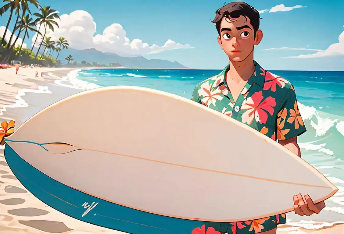 Young man named Eddy, holding a surfboard, beach setting, wearing board shorts and a floral Hawaiian shirt..