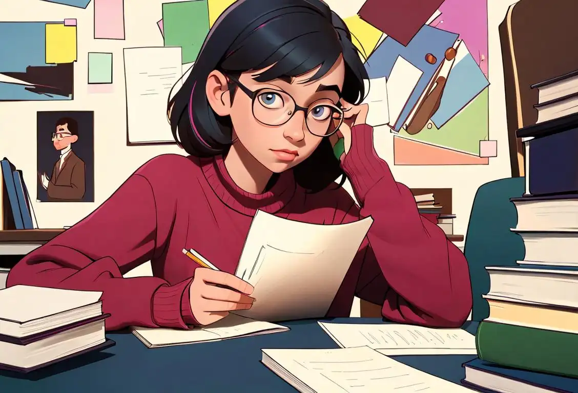 A studious young person with glasses, dressed in a cozy sweater, sitting at a tidy desk with a stack of colorful textbooks..