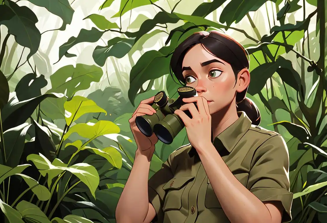 A National Geographic explorer wearing khaki clothing, holding binoculars, in a lush rainforest setting with exotic wildlife in the background.