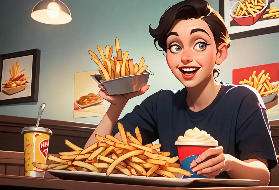 A happy person holding a tray of french fries, wearing a vintage-style t-shirt, classic American diner setting..
