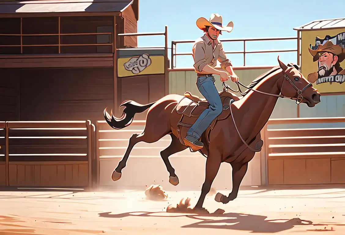 Cowboy riding a bucking bronco, wearing a ten-gallon hat, Western-style clothing, dusty rodeo arena..