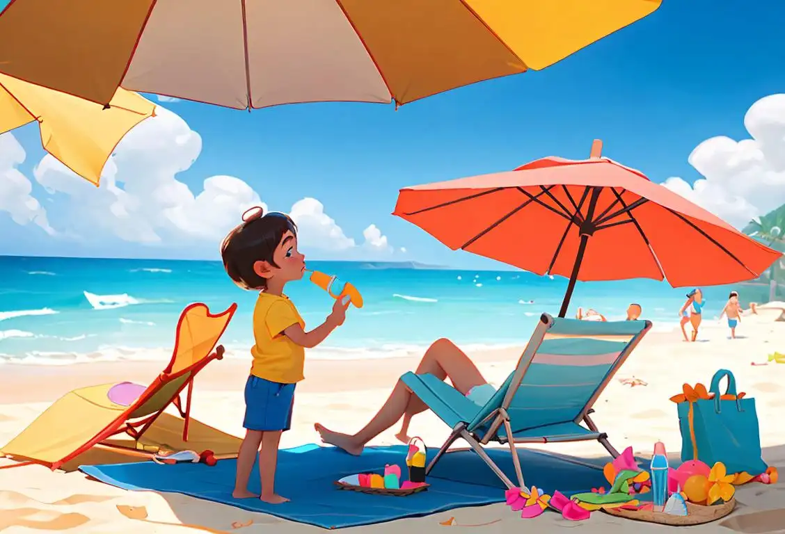 Family at the beach, wearing bright colored summer clothes, applying sunscreen, enjoying the sunny day with umbrellas and beach toys..