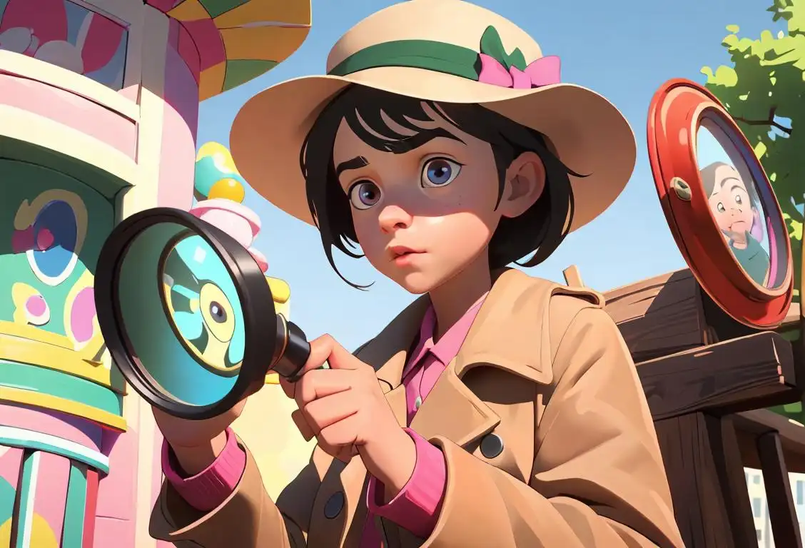 Young girl with a magnifying glass, wearing a detective hat, exploring a colorful playground scene..