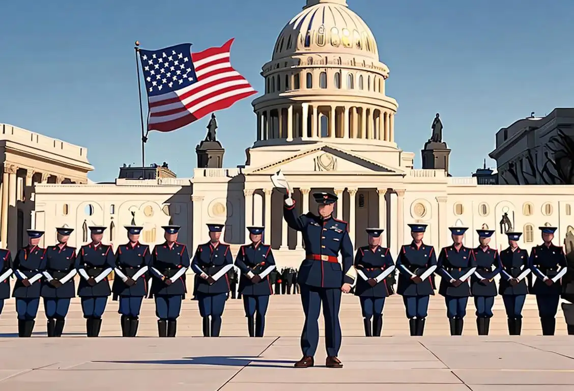 A group of National Guard members standing in front of the U.S Capitol, wearing their uniforms, with American flags waving in the background..