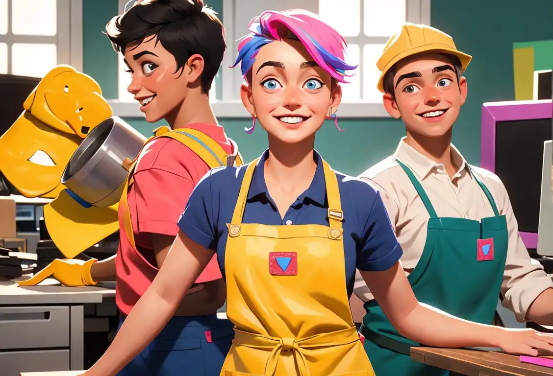 Young person wearing a colorful apron, holding a toolbox and smiling in a modern workplace setting, surrounded by diverse coworkers..