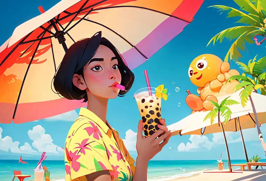 Person sipping a tall glass of bubble tea, wearing a colorful tropical shirt, surrounded by palm trees and beach umbrellas..