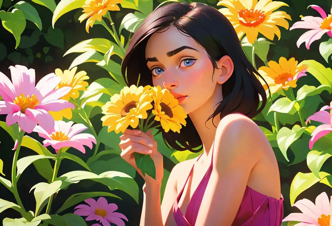 A young woman wearing a sundress, smelling a bouquet of colorful flowers in a lush garden..