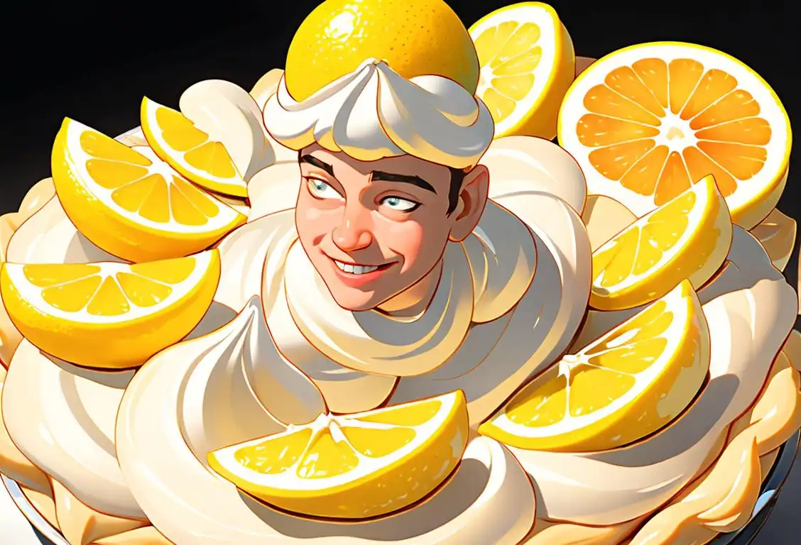 A smiling person, wearing a chef's hat, holding a lemon cream pie, surrounded by vibrant citrus fruits..