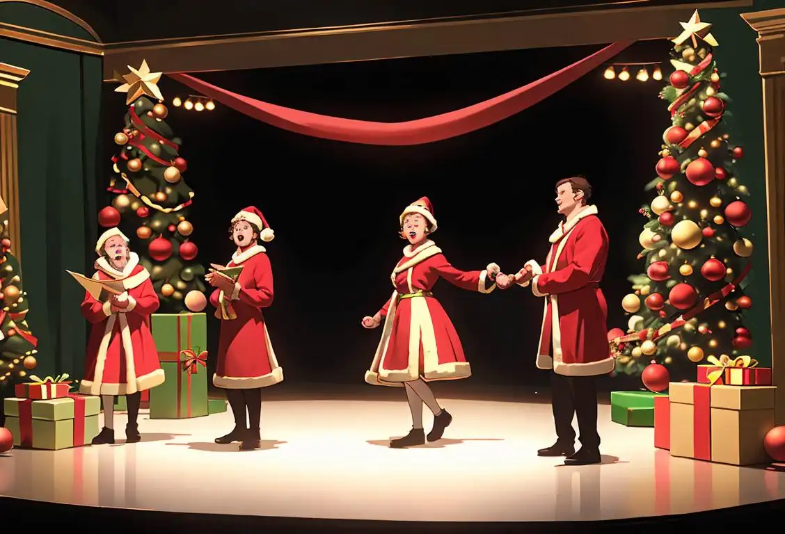 A group of actors adorned in festive costumes, performing a Christmas-themed play on a beautifully decorated stage..