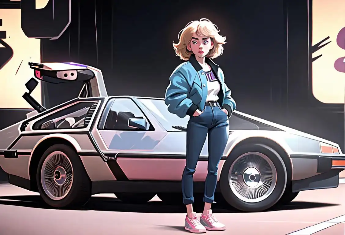 Young woman wearing a bomber jacket, 80s fashion, standing next to a DeLorean with 'National Back to the Future Day' written on it..