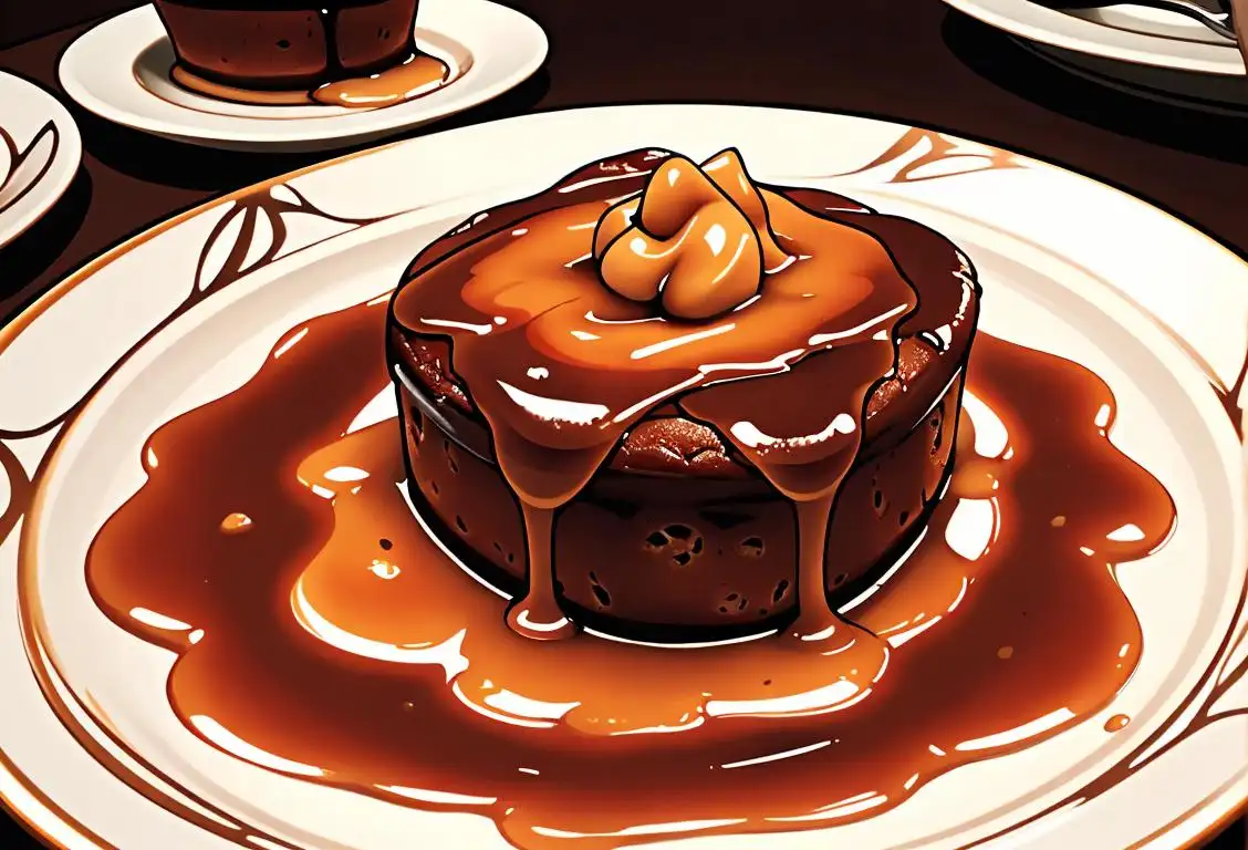 A delectable sticky toffee pudding topped with a caramel drizzle, served on a vintage floral plate, in a cozy, rustic kitchen setting..