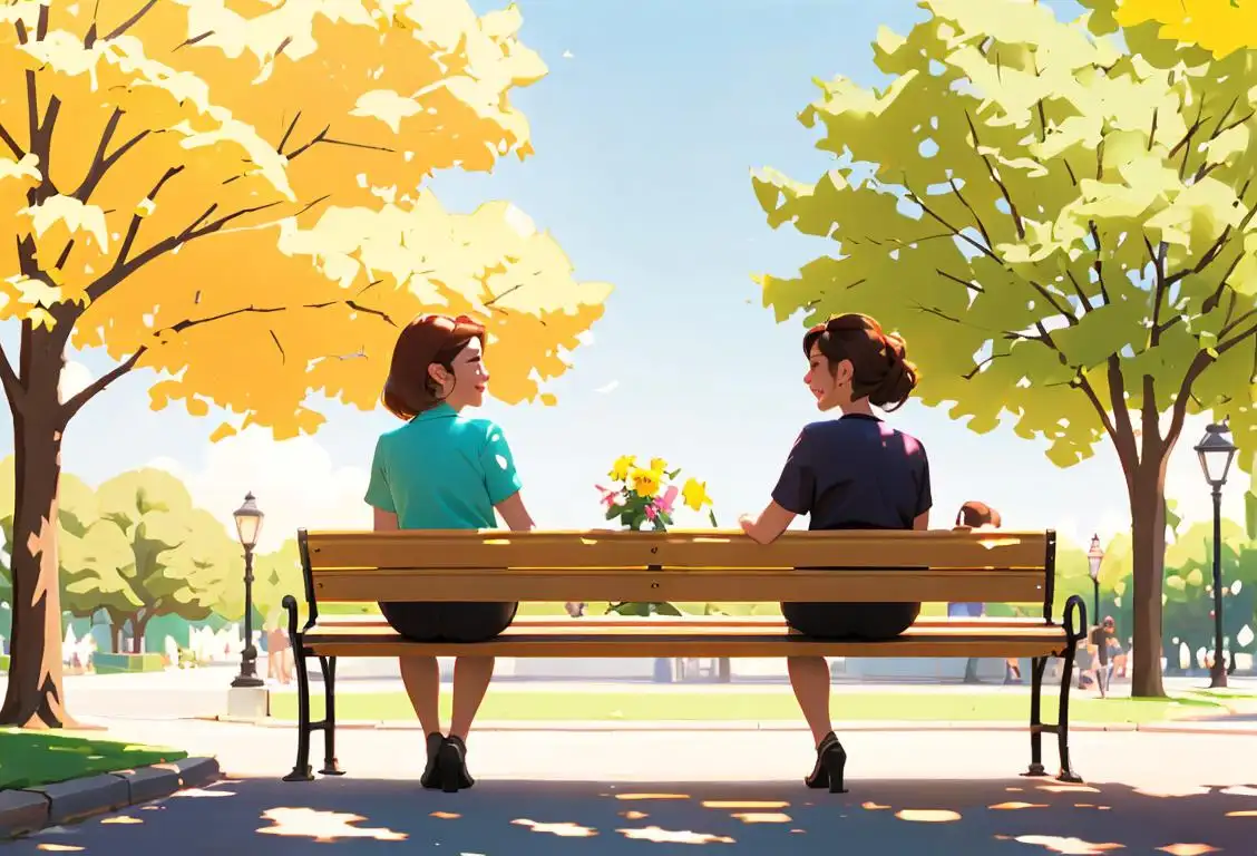 Two best friends, young women, sitting on a park bench, wearing matching friendship bracelets, summer fashion, joyful and sunny outdoor scene..