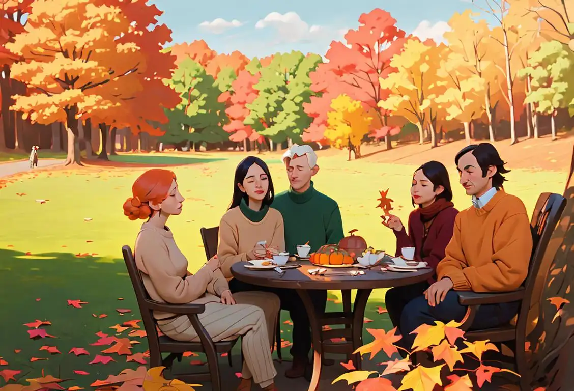 Group of people happily engaged in various activities, wearing cozy sweaters, surrounded by serene nature and autumn colors..