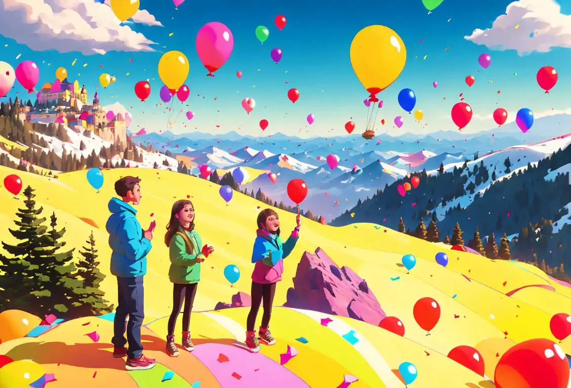Young people standing on top of a mountain, wearing trendy clothes, with colorful balloons and confetti flying around, celebrating National High Day..