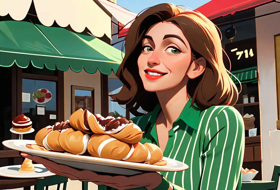A smiling woman wearing a red, green and white striped shirt, holding a tray of cannoli in front of a charming Italian cafe..