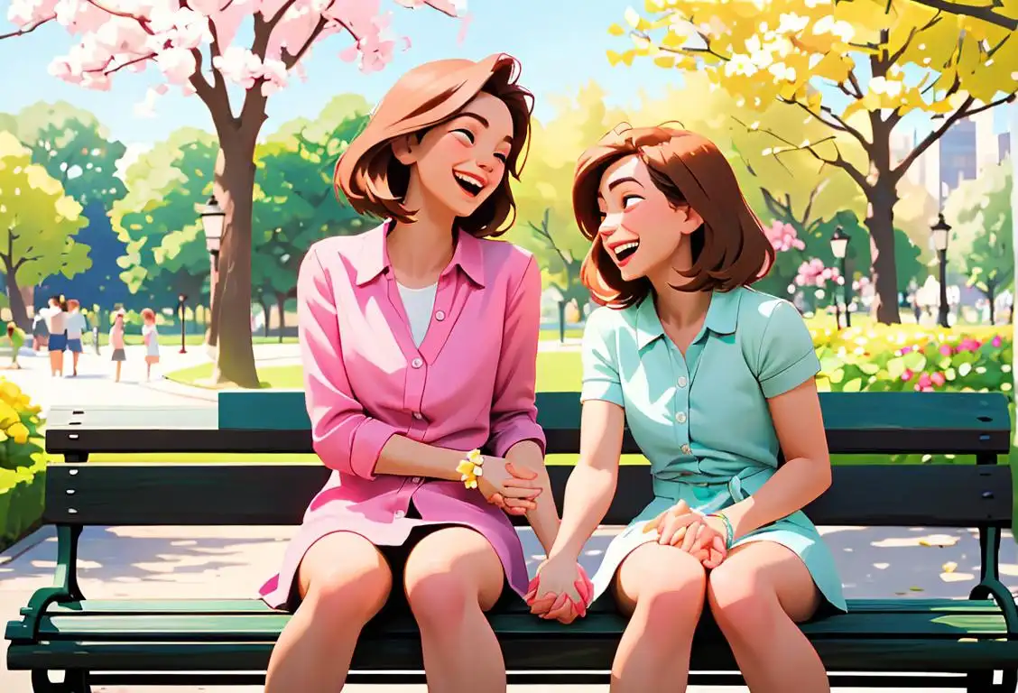 Two individuals holding hands, wearing matching friendship bracelets, laughing while sitting on a park bench surrounded by blooming flowers..