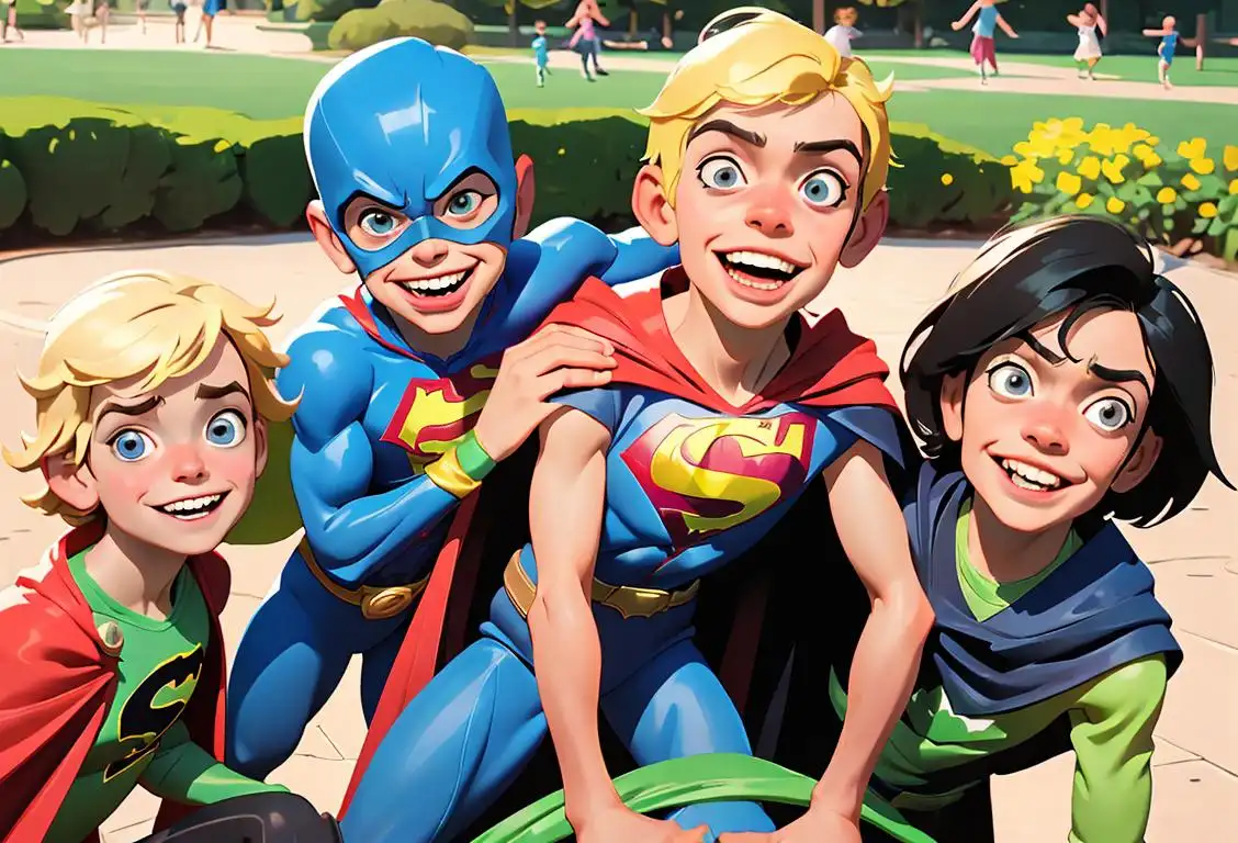 Child with cerebral palsy smiling, wearing superhero cape, surrounded by supportive friends and family in a vibrant park setting..