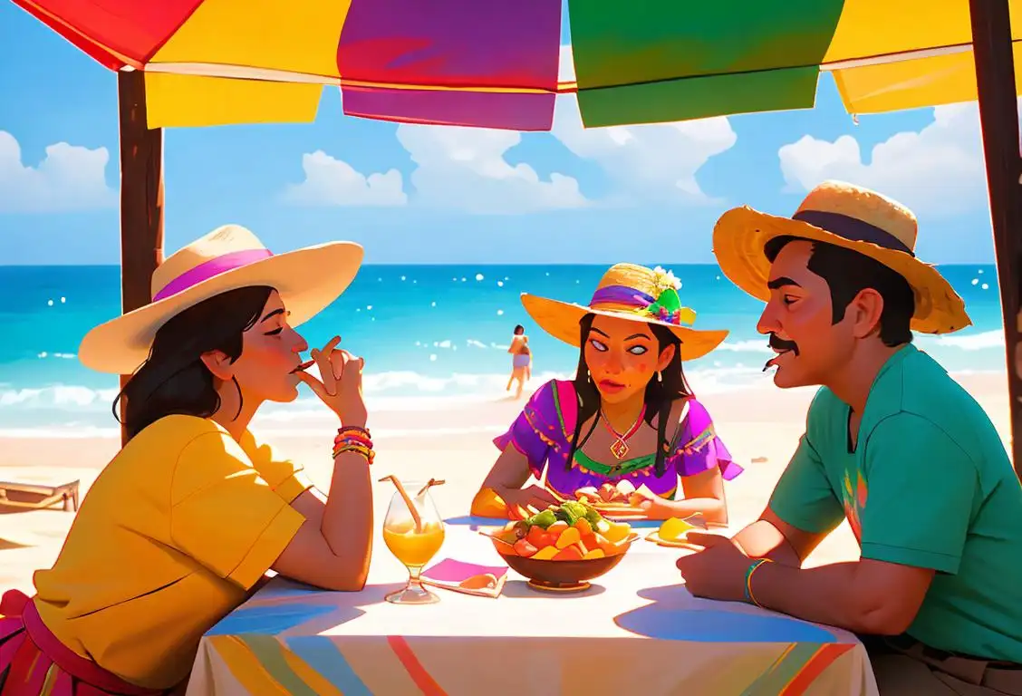 Group of friends enjoying tequila tastings at a colorful outdoor fiesta, wearing sombreros, Mexican fiesta decorations, sunny beach background..