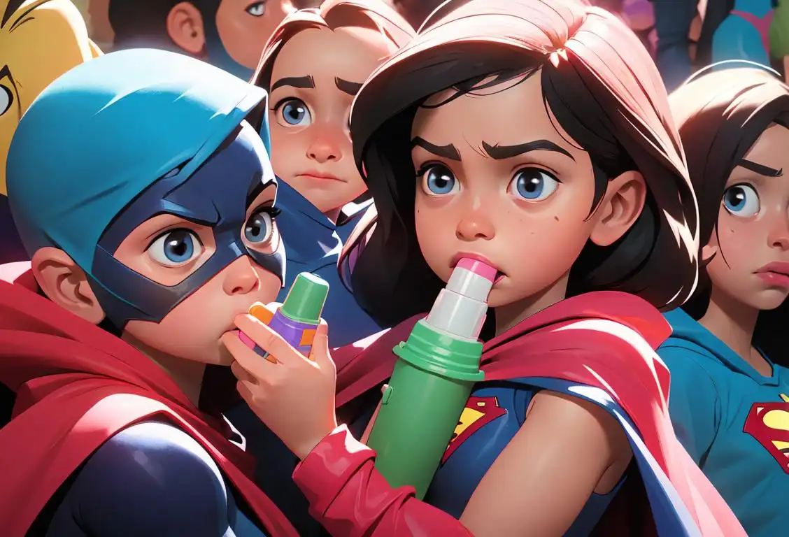 Young child holding a colorful inhaler, wearing a superhero cape, surrounded by supportive friends and family..
