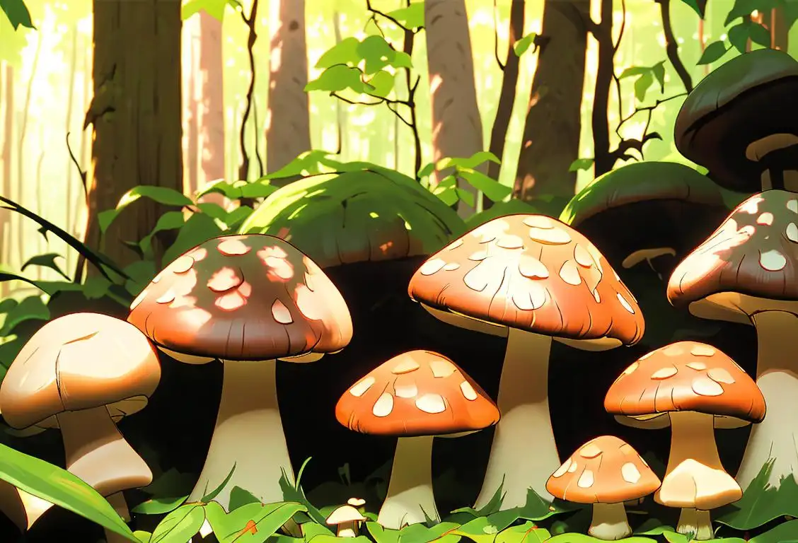 Close-up of a variety of mushrooms in a lush forest, with sunlight filtering through the foliage..