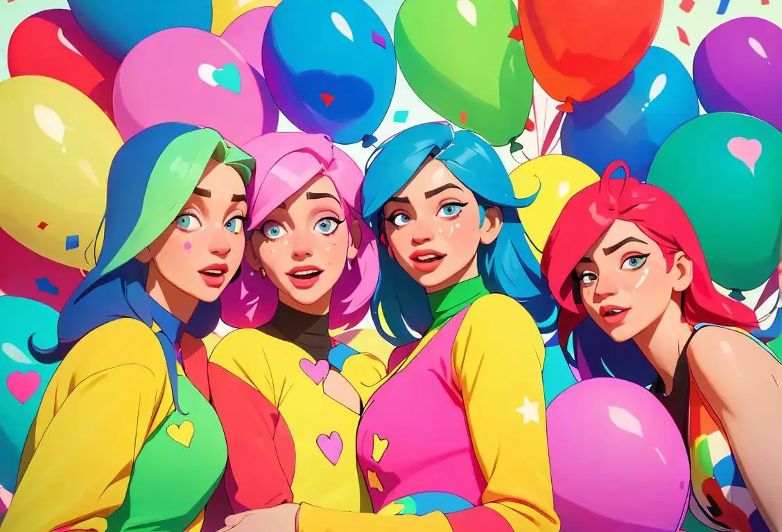 A group of friends celebrating National Best Day, dressed in colorful attire, surrounded by confetti and balloons, in a vibrant city setting..