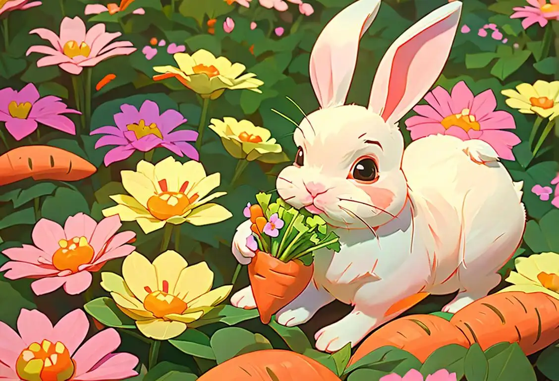 Adorable child wearing bunny ears, holding a carrot, surrounded by a colorful spring garden..