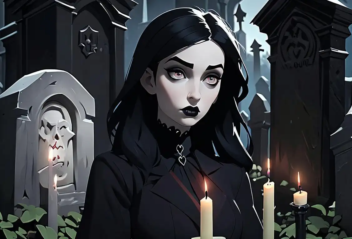 Young woman with dark makeup and a gothic outfit, surrounded by candles and tombstones in a haunted graveyard..