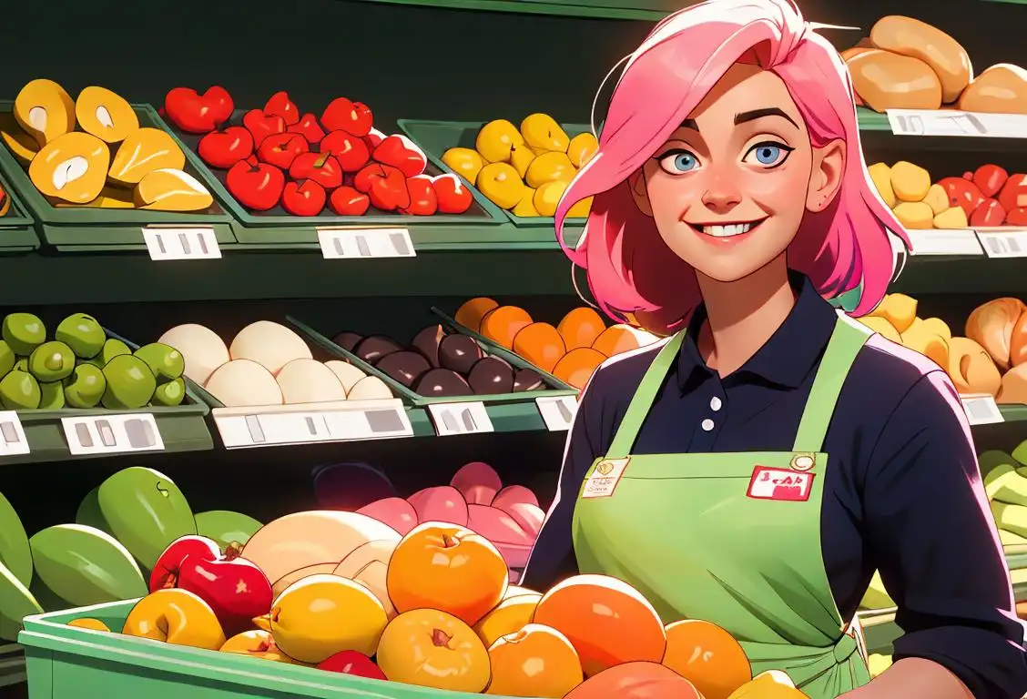 Experienced supermarket employee in apron and nametag, smiling while helping a customer, surrounded by colorful grocery aisles..