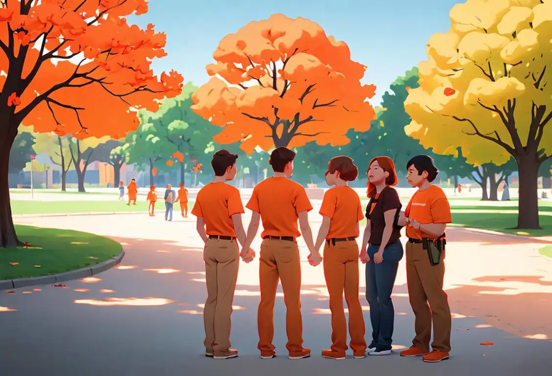 A diverse group of people wearing orange shirts, holding hands, standing in front of a peaceful park scene..
