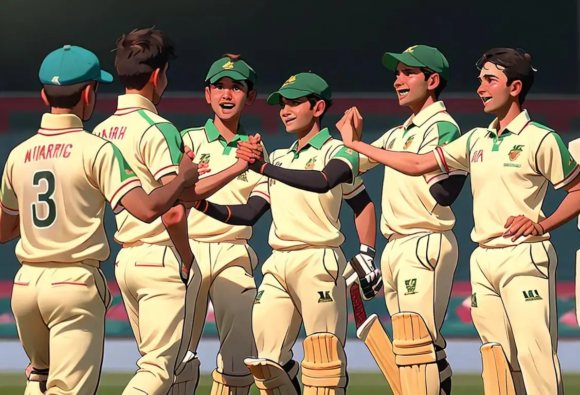 Happy cricket players from the national and army teams shaking hands after a thrilling match, wearing cricket uniforms, stadium filled with cheering fans..