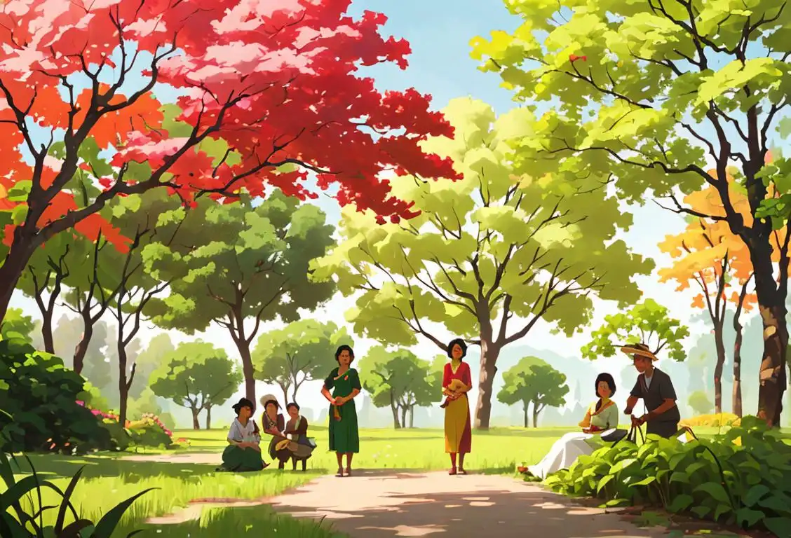 Group of diverse individuals planting trees together, showcasing cultural attire with vibrant colors, in a lush natural setting..