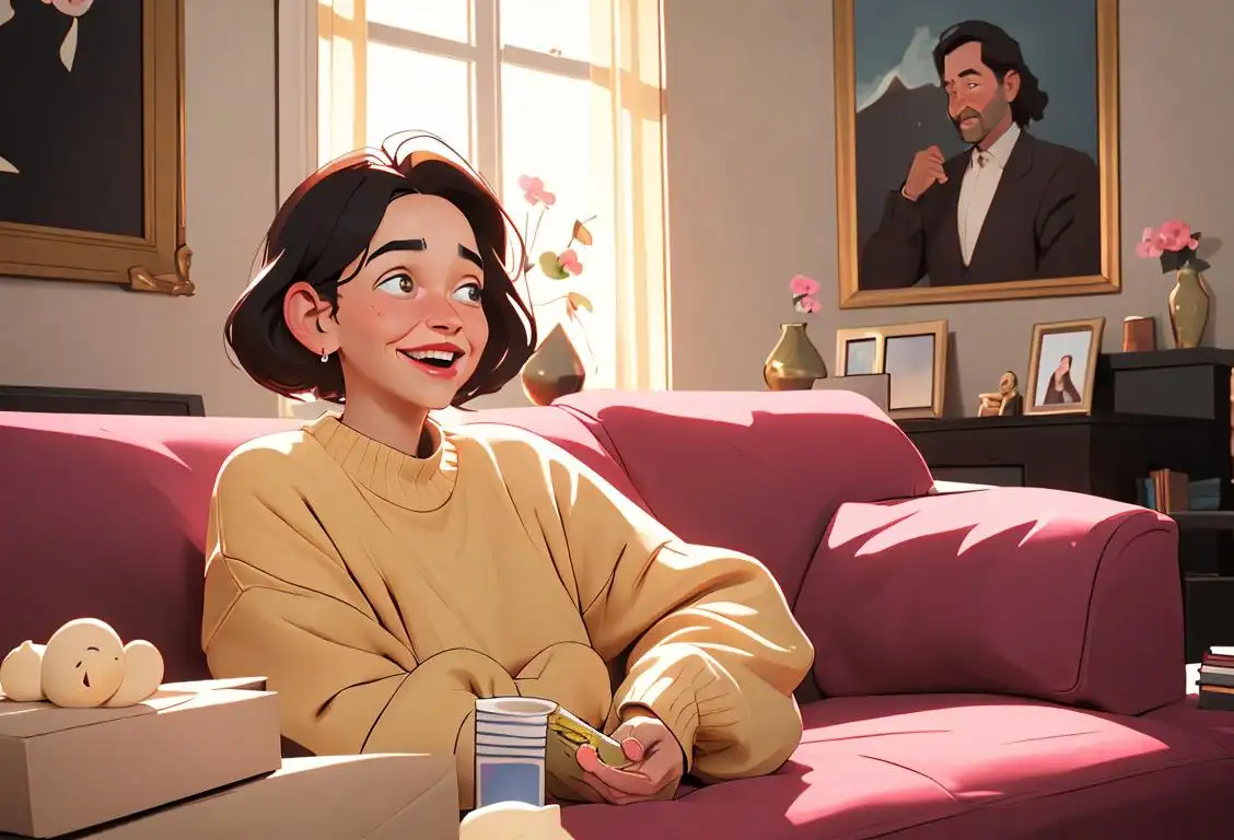 A joyful person in oversized sweater, surrounded by clothes and objects getting smaller, in a cozy living room setting..