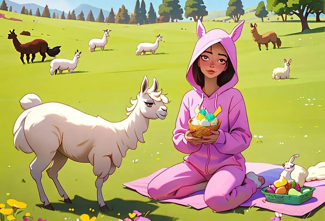 Young woman with a llamacorn onesie, enjoying a picnic in a sunny meadow with llamas gracefully grazing nearby..