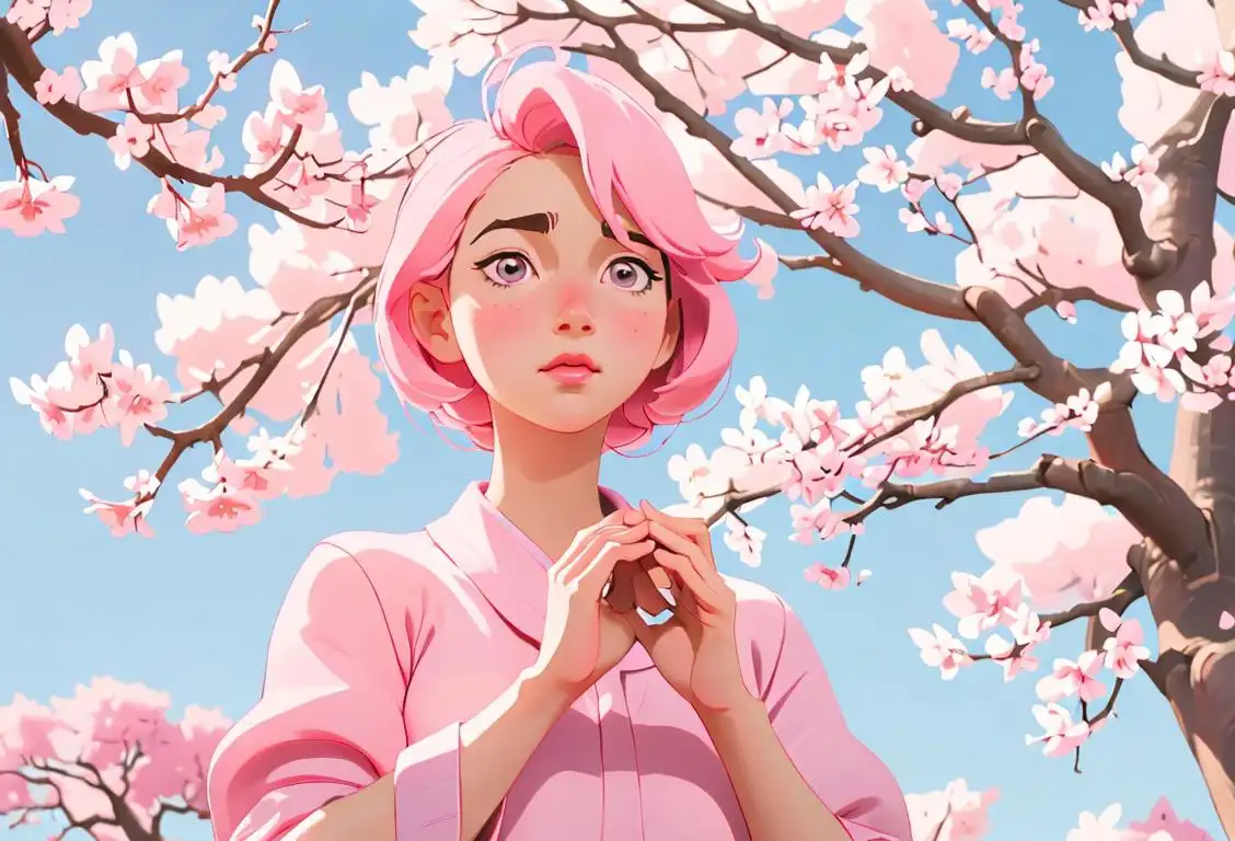 A charming young woman, dressed in a cute pastel outfit, surrounded by anime-inspired decorations and sakura blossoms..