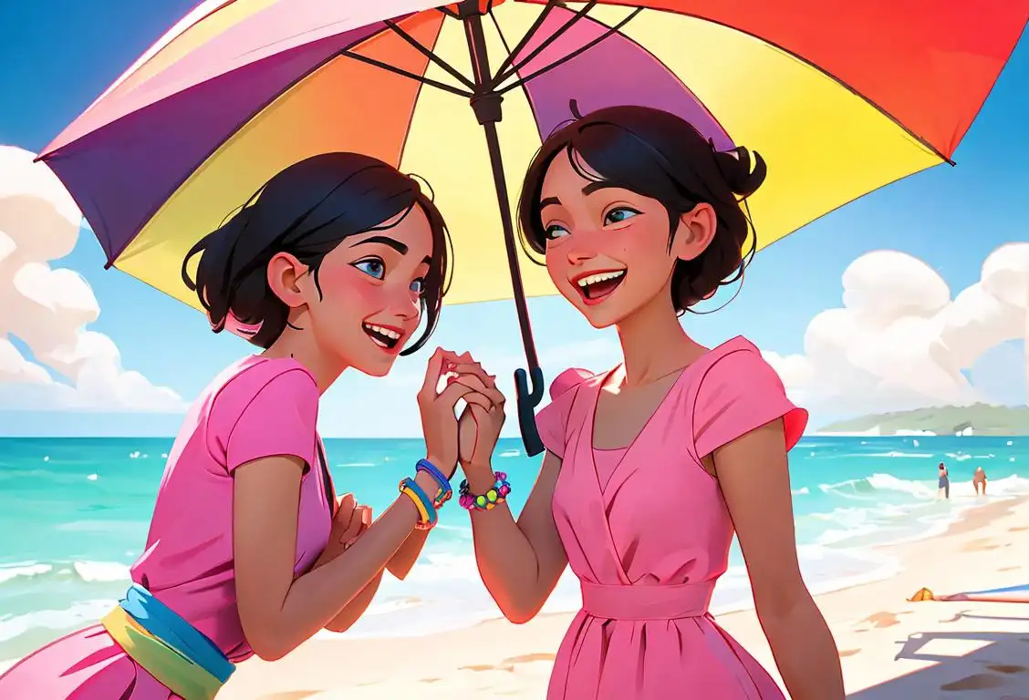 Two best friends holding hands and laughing, wearing matching bracelets, beach scene with colorful umbrellas in the background..