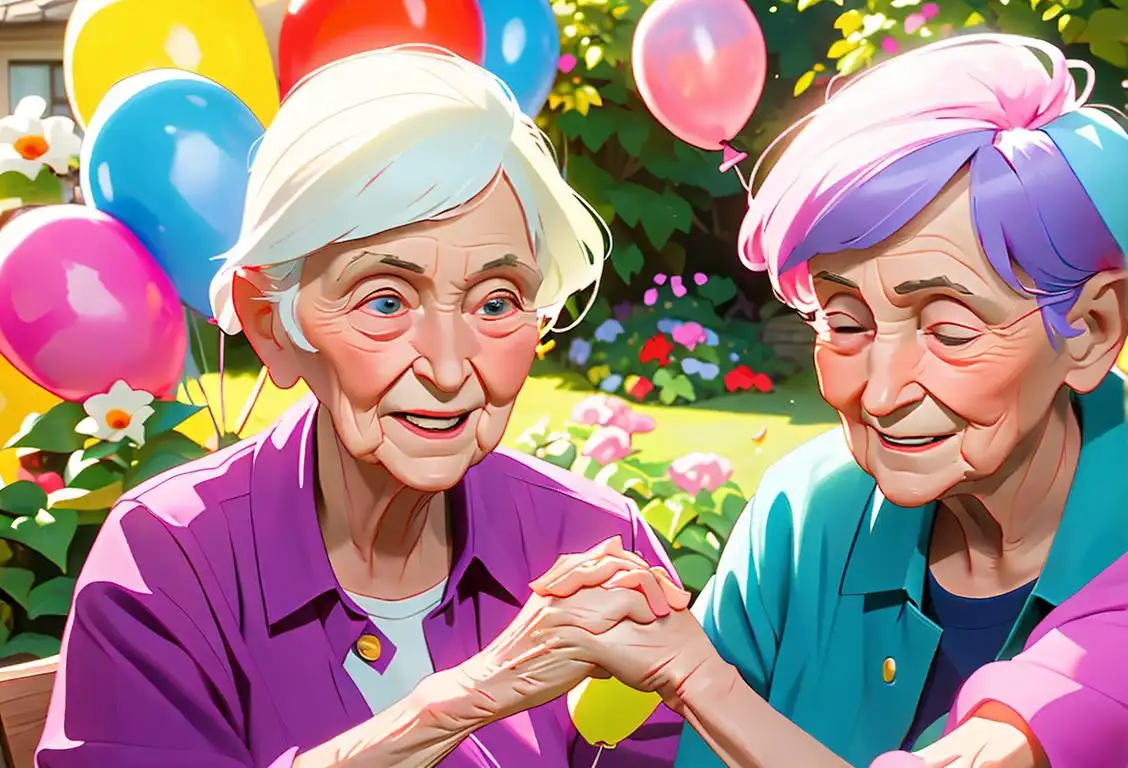 Elderly couple holding hands, surrounded by colorful balloons and flowers. Happy care home residents enjoying a sunny garden party..