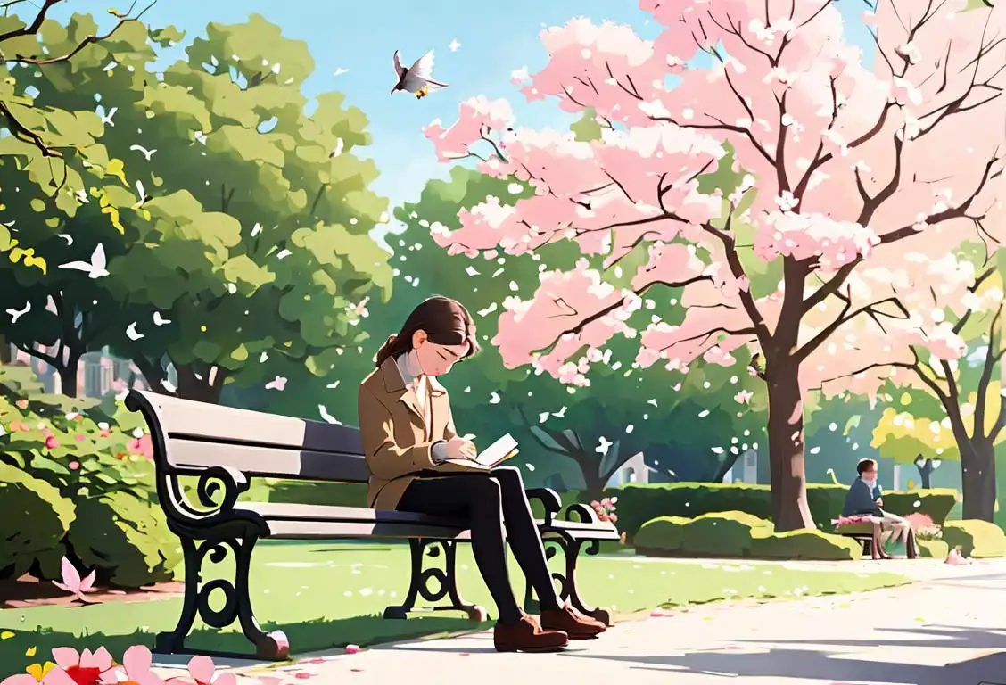 Young person sitting on a park bench, writing in a diary, surrounded by blooming flowers and listening to the gentle chirping of birds..