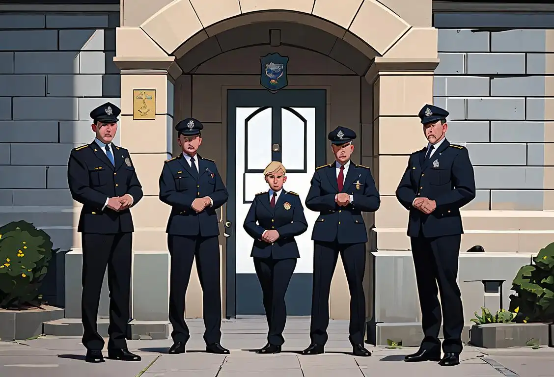 A group of National Security Police officers standing outside Stanley Prison with their uniforms, badges, and handcuffs, overlooking a peaceful cityscape..