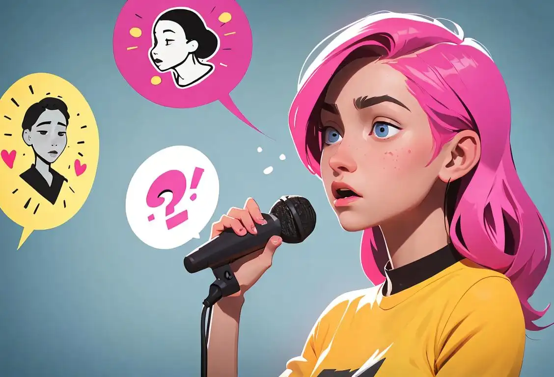 Young woman confidently breaking the silence, holding a microphone, surrounded by colorful speech bubbles and diverse representations of mental health..