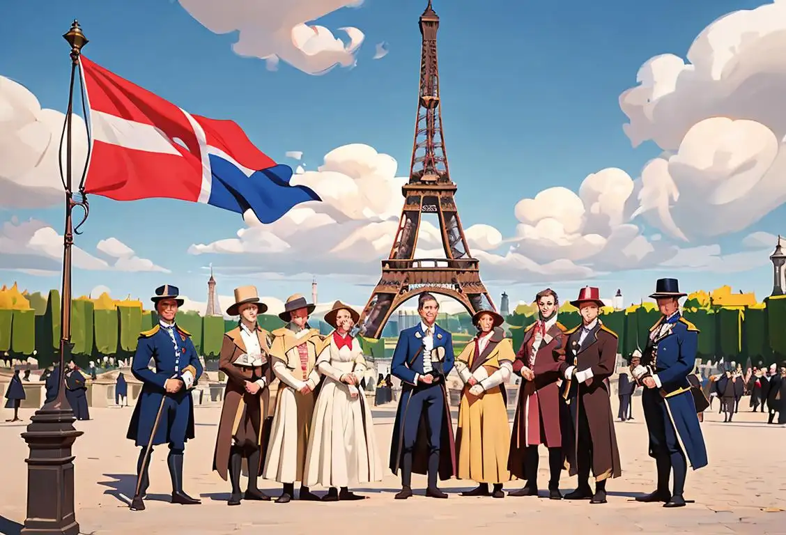 A group of people dressed in period costumes, holding French flags, in front of the Eiffel Tower.