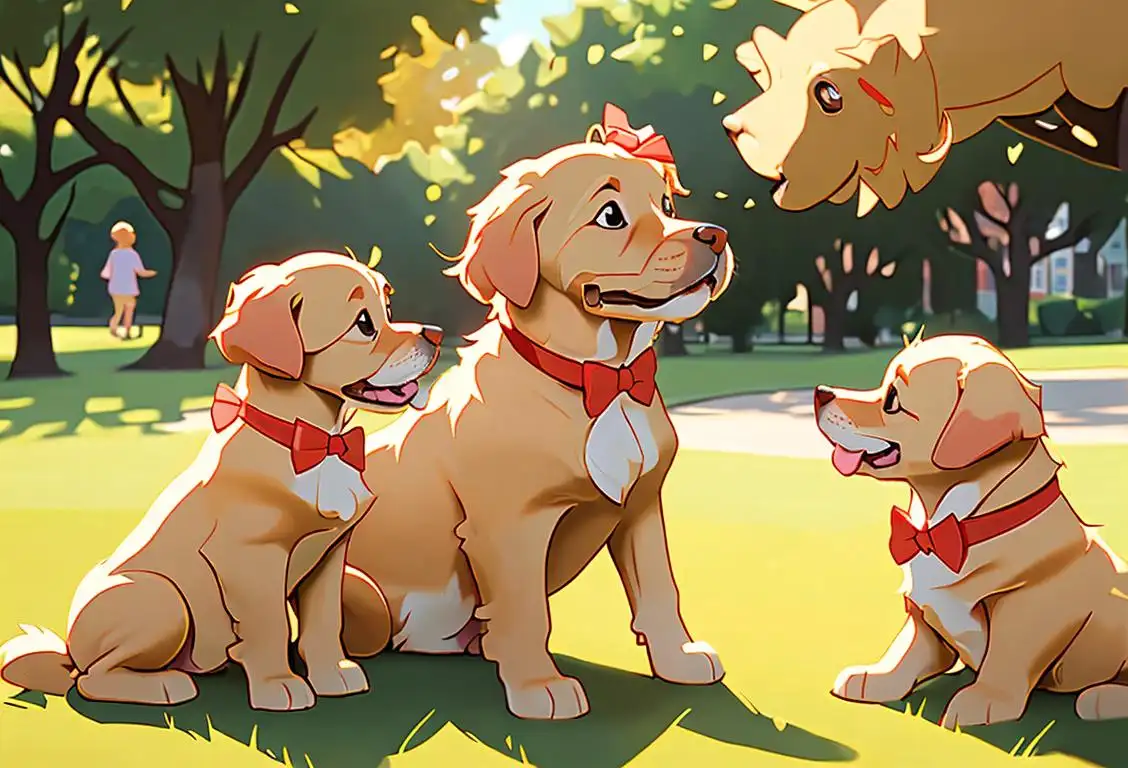 Happy golden retriever puppy with a red bow around its neck, surrounded by children playing in a sunny park..